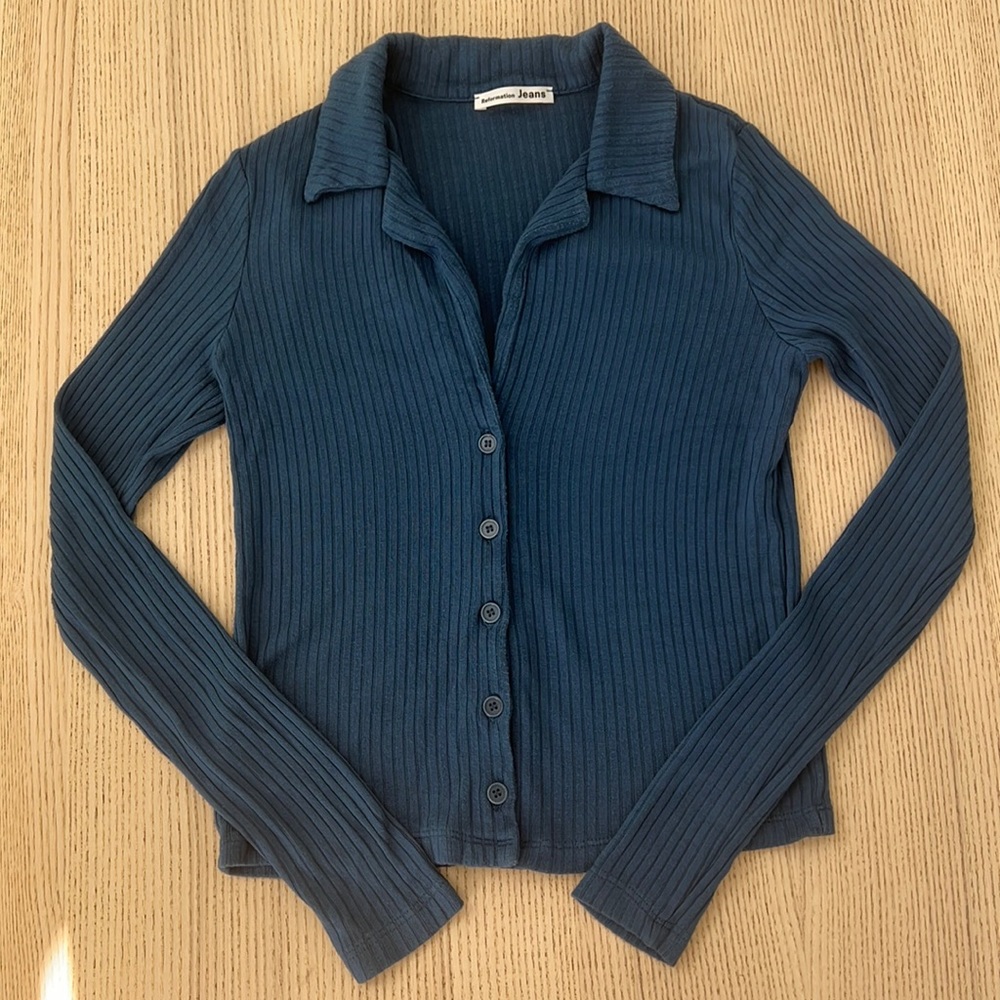 Reformation Blue Ribbed Collared Cardigan Size Medium